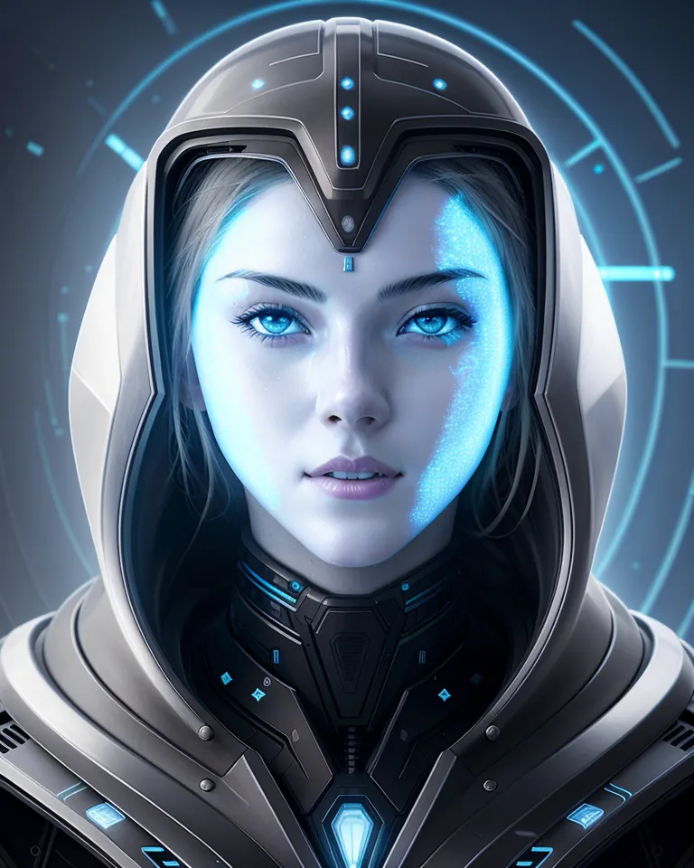 The image is a portrait of a young woman with blonde hair and blue eyes. She is wearing a futuristic helmet with a blue visor. The helmet covers her mouth and nose, but her eyes are visible. The woman's skin is pale and flawless. She is looking at the viewer with a serious expression. The background is a dark blue color with a glowing blue circle in the center.