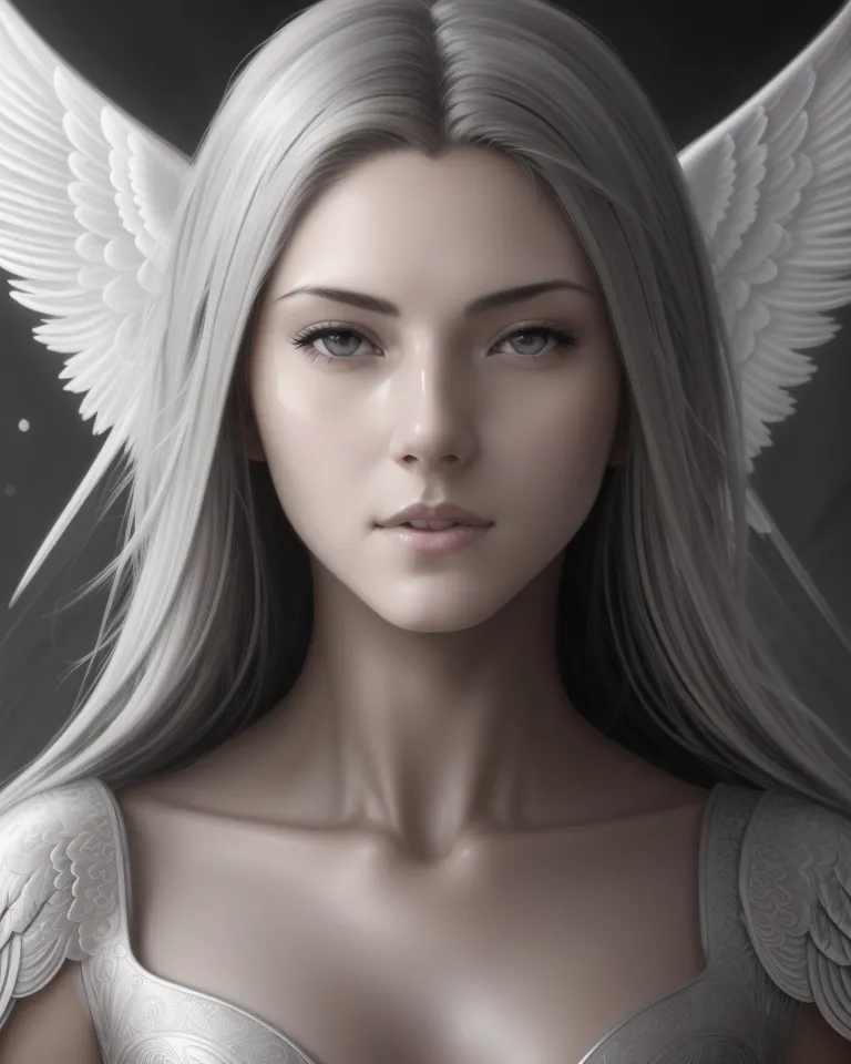 The image is a portrait of a beautiful woman with long silver hair and white wings. She is wearing a white dress with a low neckline and has a serene expression on her face. Her eyes are light blue and her skin is fair. She is surrounded by a soft light and there is a dark background behind her.