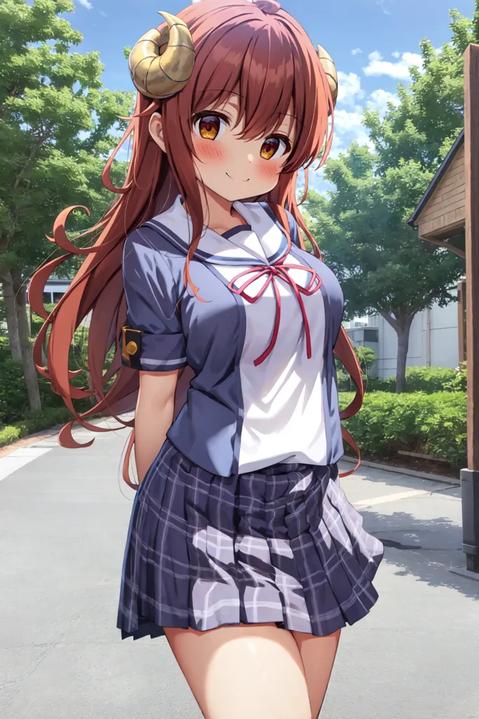 The image shows a young woman with long brown hair and brown eyes. She is wearing a white blouse, a blue blazer, and a gray pleated skirt. She also has brown horns on her head and a red ribbon tied around her neck. She is standing in a park, and there are trees and buildings in the background.