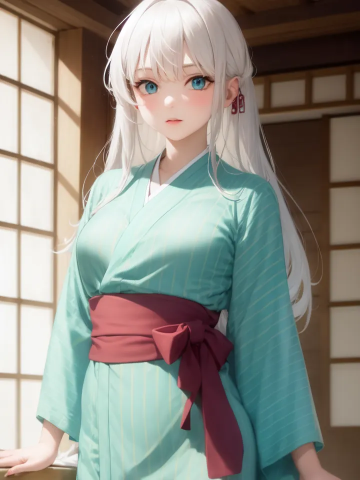 La imagen muestra a una mujer joven, con el cabello blanco largo y ojos azules, que lleva un kimono verde con un obi rojo. Está de pie en una habitación japonesa tradicional, con una pantalla shoji de fondo. La mujer mira al espectador con una expresión ligeramente tímida.