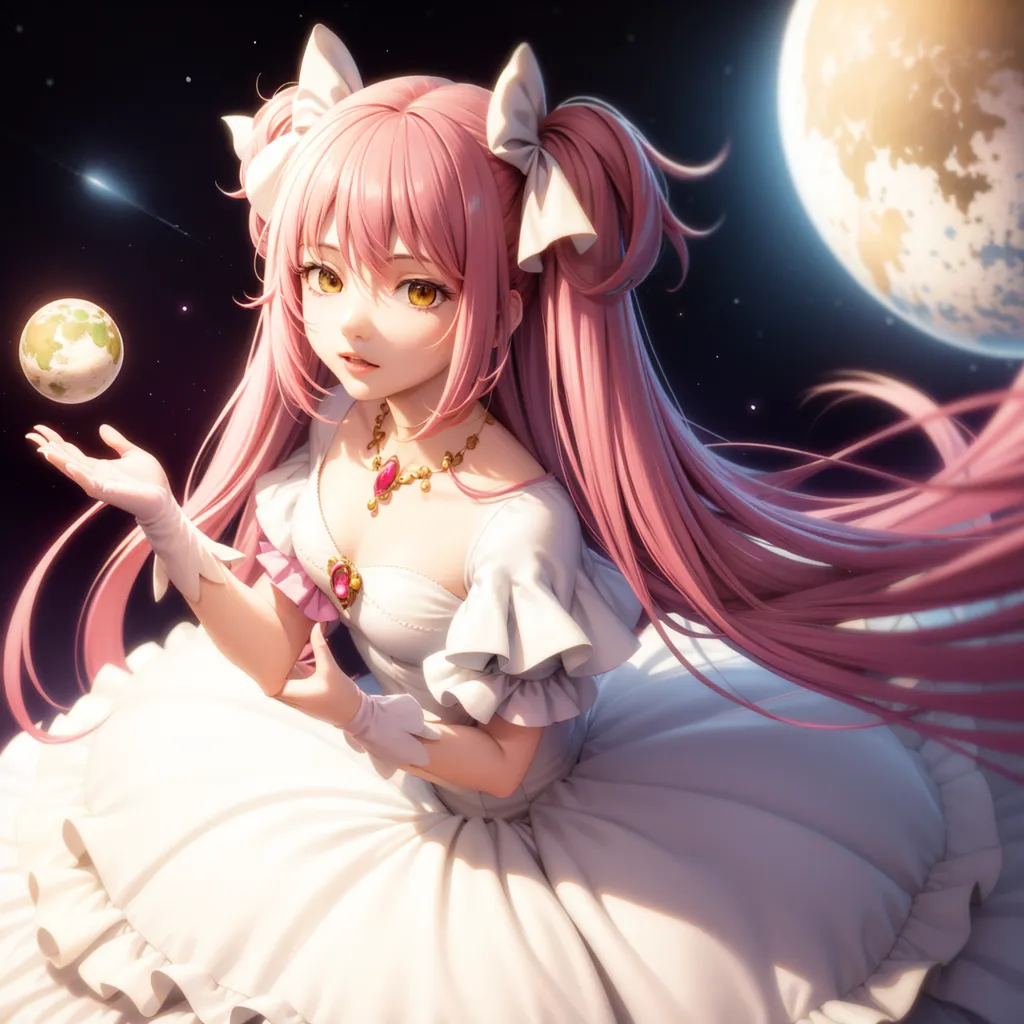 The image is of a girl with long pink hair and yellow eyes. She is wearing a white dress with a pink bow. She is sitting on a crescent moon, with the Earth in her hand. She is looking at the Earth with a smile on her face. There are stars in the background.