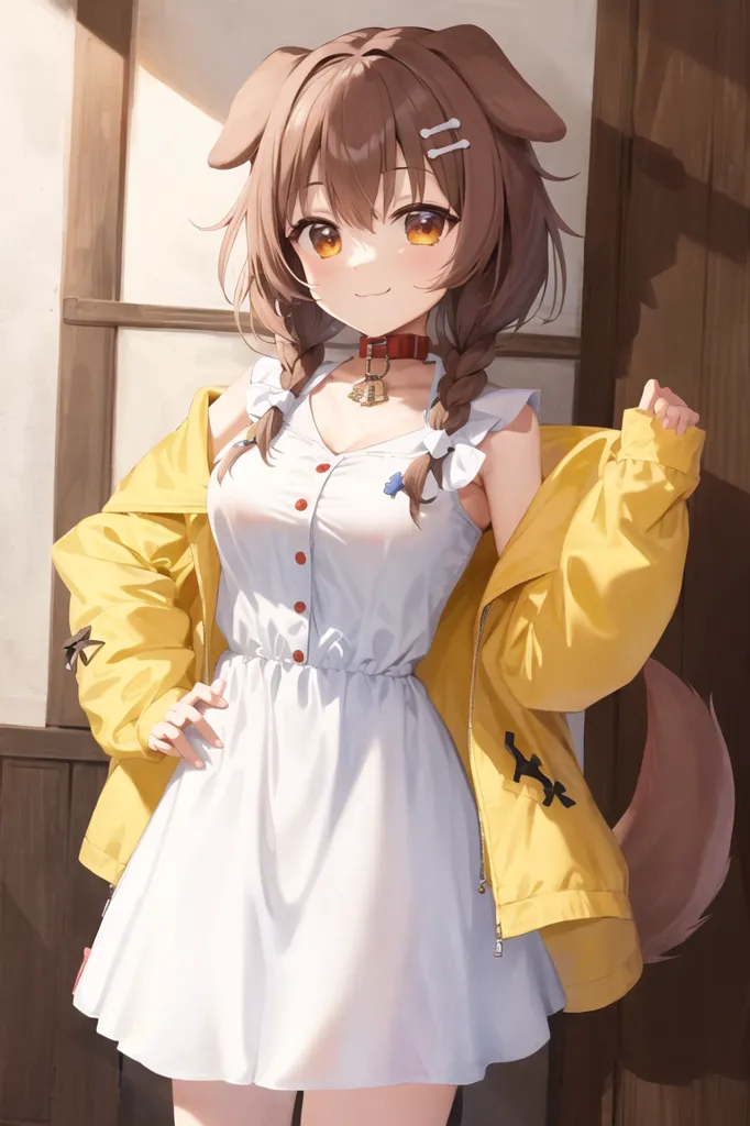 This is an image of an anime girl with brown hair and yellow eyes. She is wearing a white dress with a yellow jacket. She has a dog collar on with a bell and a tag with the letter "C" on it. She is standing in front of a wooden door.