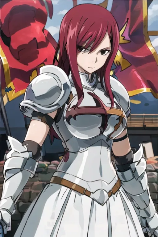 This image shows Erza Scarlet from the anime Fairy Tail. She is wearing white and silver armor and has her signature red hair and brown eyes. She is standing in a determined pose, ready to fight. The background is a blur of red and yellow, which suggests that she is in the middle of a battle.