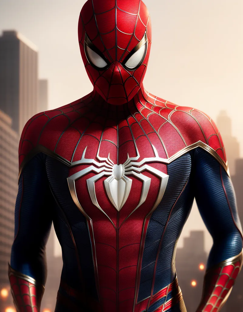 The image shows a superhero called Spider-Man. He is wearing a red and blue suit with a spider logo on the chest. There is a white spider logo on his back. His mask covers his eyes.