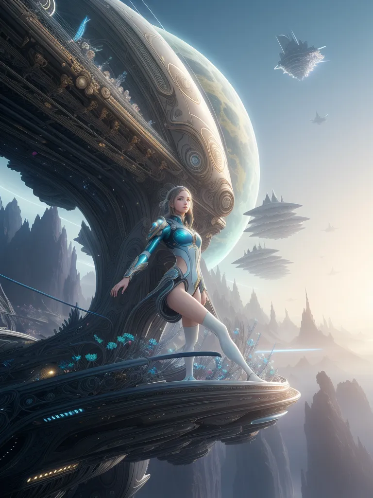 This is an image of a woman standing on a spaceship. She is wearing a blue and white bodysuit and has long blonde hair. The spaceship is large and metallic, with a blue glow around it. There are several other spaceships in the background, as well as a planet. The planet is blue and green, with a white glow around it. The image is set in a space station, with a large window in the background showing the stars and planets outside.