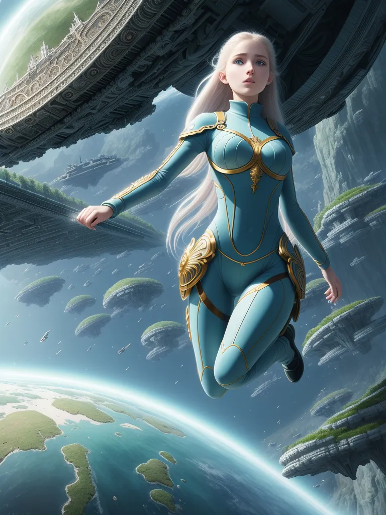 This is an image of a woman in a blue and gold spacesuit floating in space. She has long white hair and her eyes are closed. There is a large spaceship in the background and several smaller ships flying around. The woman is surrounded by a number of small, rocky planetoids.