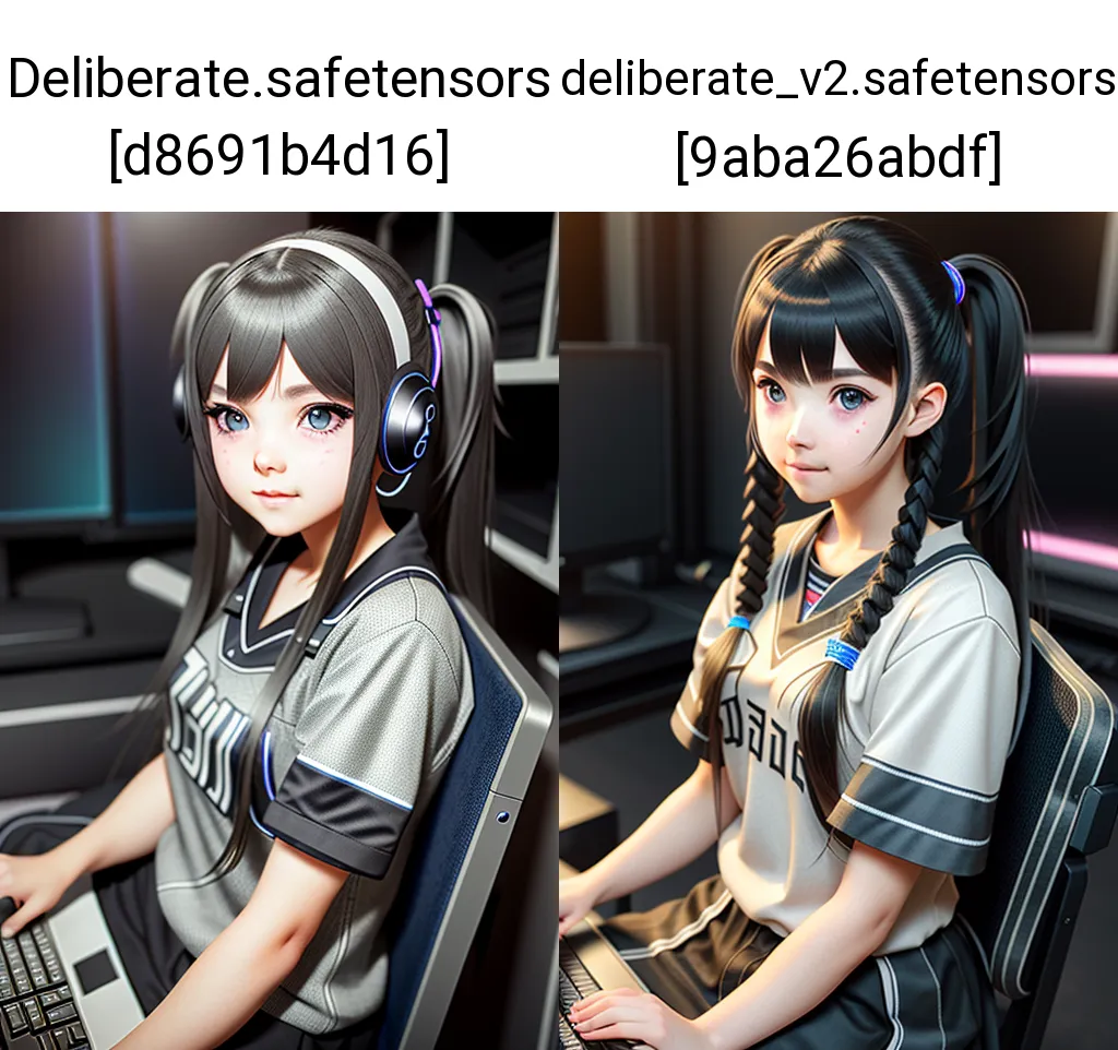 The image shows two anime girls with black hair. They are both wearing grey baseball jerseys and black headphones. The girl on the left has her hair in pigtails and is looking at the screen. The girl on the right has her hair in a braid and is looking at the keyboard.