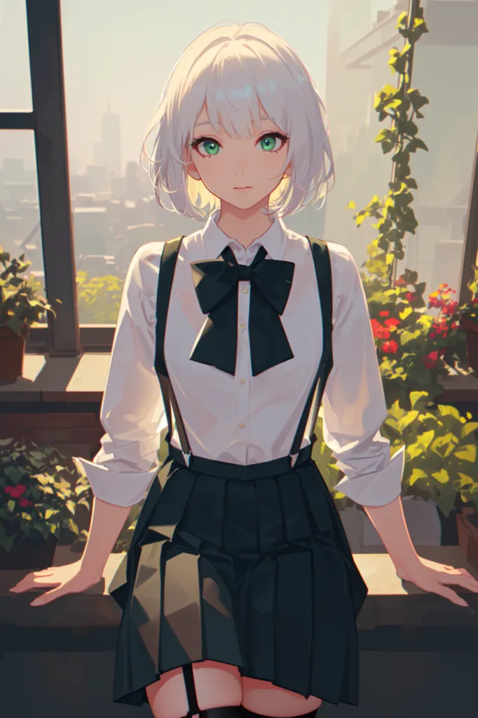 The image is a painting of a young woman with white hair and green eyes. She is wearing a white blouse, a black bow tie, and a black skirt. She is also wearing suspenders. She is standing in front of a window, and there are plants in the background. The painting is done in a realistic style, and the colors are vibrant and lifelike. The woman's expression is serious, and she is looking at the viewer with her head tilted a bit downwards at an angle.