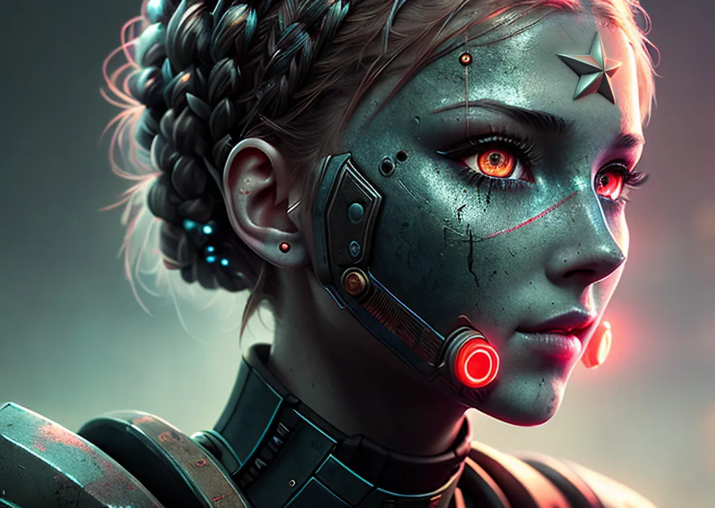 The image is a portrait of a young woman with short blonde hair styled in a braid. She has fair skin and red eyes. There is a red circle on her right cheek and a silver star on her left temple. She is wearing a black and silver cybernetic suit. The background is dark with a light shining on her face.