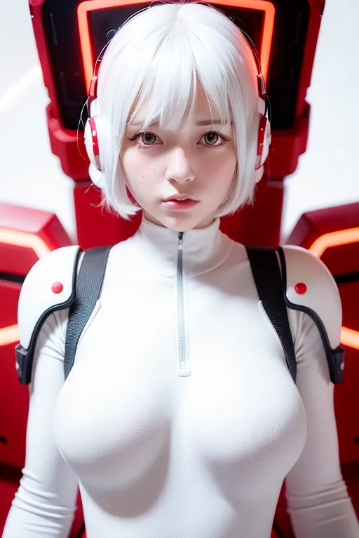 The image is a portrait of a young woman with short white hair and brown eyes. She is wearing a white bodysuit with a red zipper and a pair of white headphones. The background is a blurred image of a red and white mech suit. The woman is looking at the viewer with a serious expression.