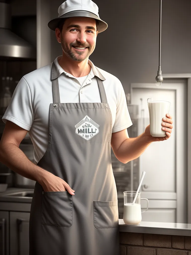 The image shows a man wearing a white collared shirt, a grey apron, and a white hat. He has a friendly smile on his face and is looking at the camera. He is standing in a kitchen setting, with a glass of milk in his hand. There is a milk jug on the counter next to him. The man is wearing a white apron with a logo on it. The logo has a picture of a cow and the words "Miller's Dairy" written in a circle around it.