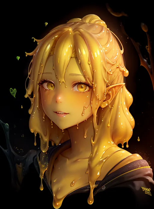 The image is a digital painting of a young woman with long, blonde hair and pointed ears. She is covered in a golden liquid, which is dripping off her hair, face, and body. The woman's eyes are closed and she has a serene expression on her face. The background is dark and there are no other objects in the image.