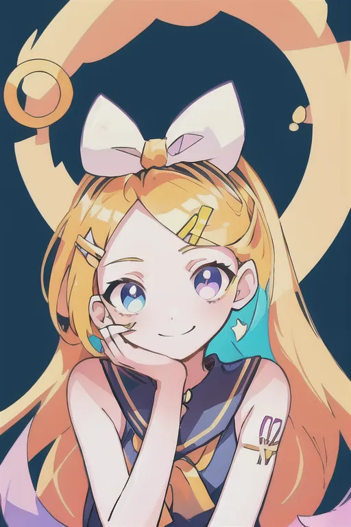 This is an image of a young girl with long blonde hair and blue eyes. She is wearing a white and blue sailor-style outfit and has a large yellow bow in her hair. She is smiling and has her hand on her chin. There are also some small stars and moons around her head.