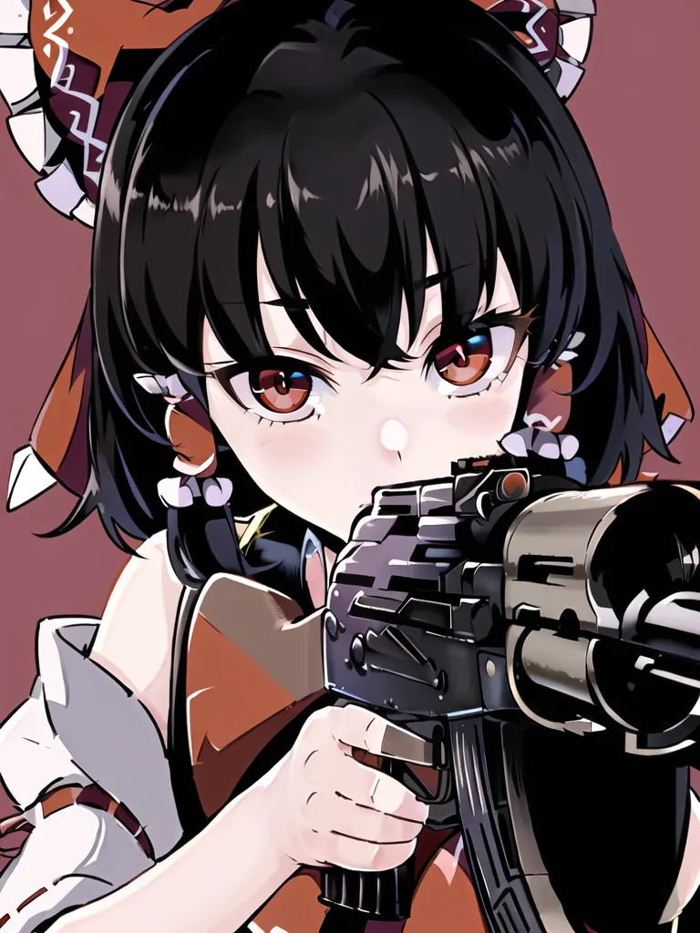 The image is a portrait of a young woman with long black hair and red eyes. She is wearing a white and red kimono-style dress with a large red bow in her hair. She is also wearing a pair of earrings in the shape of red flowers. The woman is holding a gun and looking at the viewer with a serious expression. The background is a solid pink color.