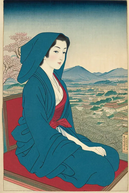 The image is a ukiyo-e print of a Japanese woman in a blue kimono. The woman is seated on a bench and looking at a distant mountain landscape. She is wearing a blue kimono with a red sash and has her hair tied up in a bun. The print is made in the ukiyo-e style, which is characterized by its flat colors and bold lines.