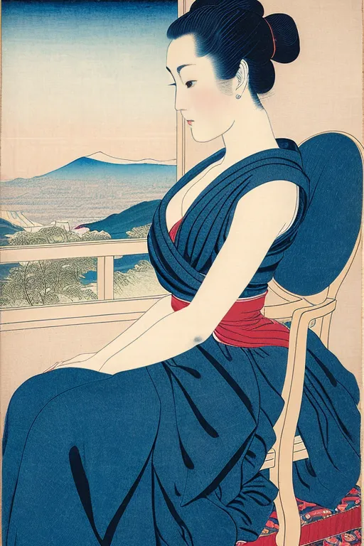 A imagem é uma gravura em madeira do artista japonês Hashiguchi Goyo. É um retrato de uma mulher sentada em uma cadeira. A mulher está usando um quimono azul e tem o cabelo preso em um coque. Ela está olhando pela janela para uma paisagem de montanhas e água. A gravura está no estilo shin-hanga, que se caracteriza pelo uso da perspectiva e sombreamento do estilo ocidental.