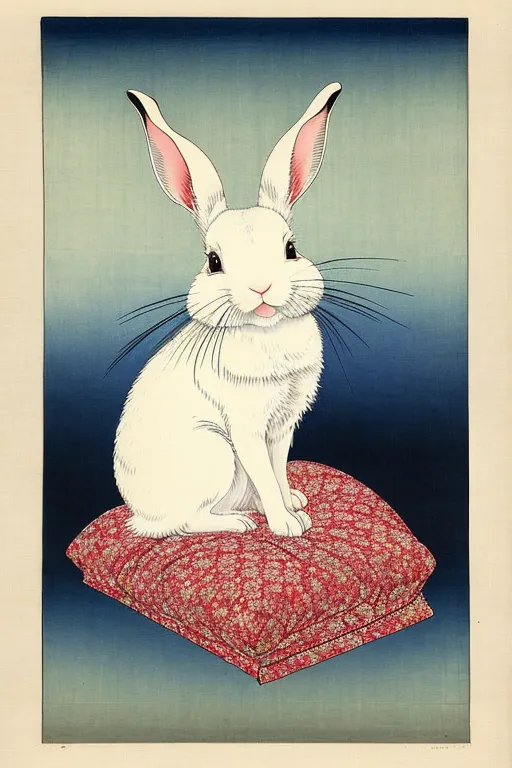 The image is a woodblock print of a white rabbit sitting on a red and white floral pillow. The rabbit has long ears and whiskers, and is looking at the viewer with a curious expression. The background is a gradient of blue, dark at the top and lighter at the bottom.