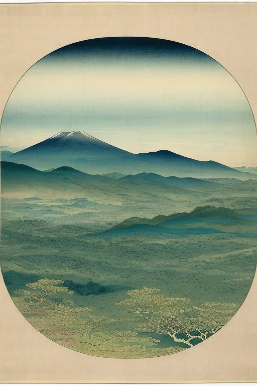 この画像は円形の日本の木版画です。背景に大きな山、前景に森林が描かれています。山は雪に覆われ、森林は濃く緑に描かれています。空は青く、遠くに雲が見えます。この版画は伝統的な日本の様式で制作されており、落ち着いた自然な色調が使われています。この画像は非常に穏やかで静謐な雰囲気を醸し出し、日本の風景の美しさを捉えています。