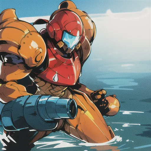 La imagen muestra al personaje del videojuego Samus Aran de la serie Metroid. Ella está de pie en un cuerpo de agua, probablemente el planeta Zebes, y lleva su icónico Traje de Poder naranja y rojo. El traje tiene una coloración de Traje Varia. Ella mira hacia la derecha del encuadre, probablemente a un enemigo. Sostiene su cañón de brazo en su mano derecha y está lista para disparar. La imagen está dibujada en un estilo realista y el agua se representa con gran detalle.