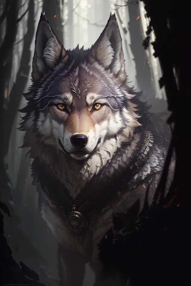 La imagen es una pintura digital de un lobo. El lobo está de pie en un bosque oscuro y sus ojos brillan en amarillo. El lobo lleva un collar con un colgante en forma de cabeza de lobo. El lobo mira al espectador con una expresión feroz.