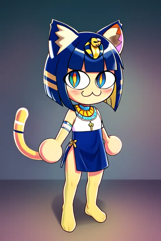 Esta imagem mostra um personagem do jogo "Animal Crossing: New Horizons". O personagem é um gato com cabelo azul e olhos amarelos. O gato está vestindo um traje semelhante ao de um faraó egípcio, com um vestido branco e azul e um cocar dourado. O gato também está usando um colar e uma pulseira. O gato está em pé em um fundo cinza.