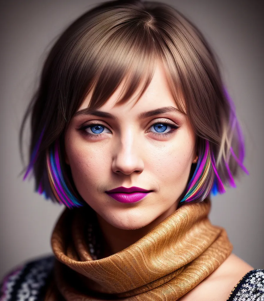 The image shows a young woman with short brown hair and blue eyes. There are streaks of purple, blue, and pink in her hair. She is wearing a brown scarf and has a slight smile on her face. The background is a dark grey.