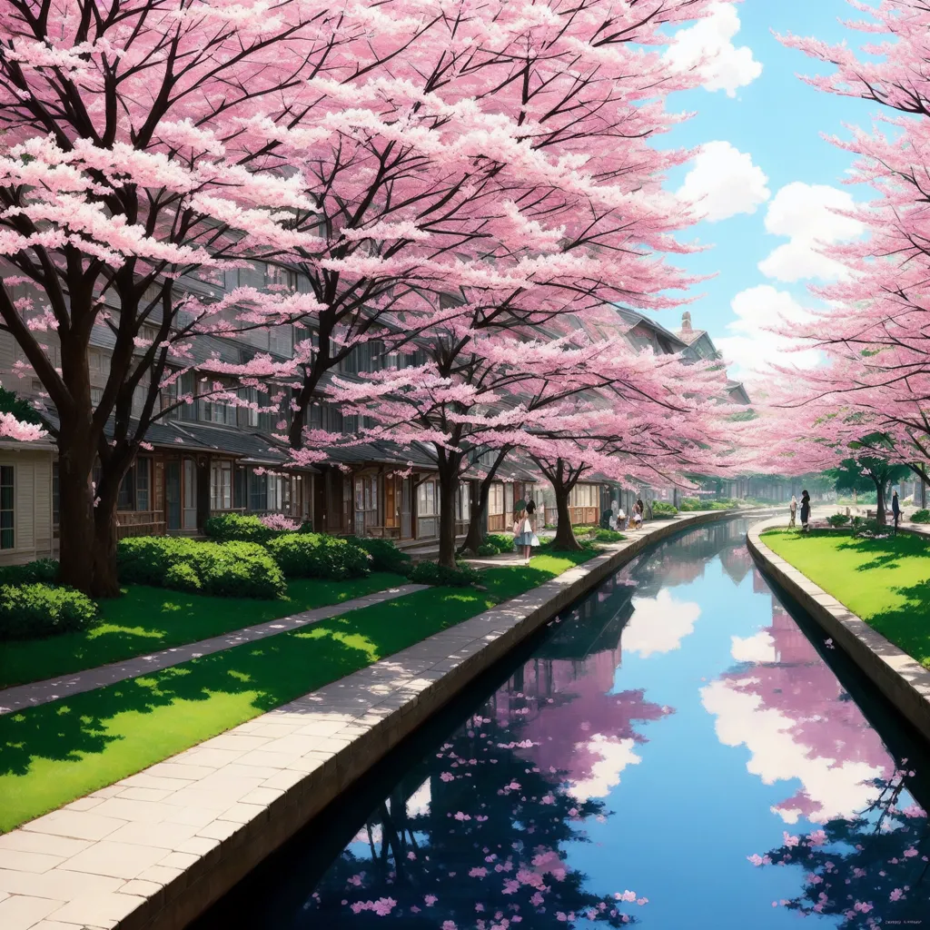 The image is a beautiful streetscape of a Japanese town. The cherry trees are in full bloom, and their delicate pink blossoms hang like clusters of jewels against the bright blue sky. The trees are lined up in neat rows along a canal, and their branches reach out to touch the surface of the water. The water is still and clear, and it reflects the beauty of the trees and the sky. The street is lined with traditional Japanese houses, and there are people walking and talking on the sidewalks. The scene is peaceful and serene, and it captures the beauty of Japan in the spring.