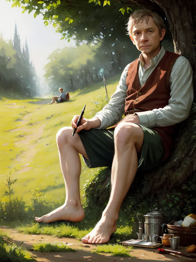 The image is of a man sitting on a tree stump in a forest. He is wearing a brown vest, white shirt, and green shorts. He is barefoot and has a pen in his hand. He is looking at a piece of paper on his lap. There is a small table next to him with a teapot, cup, and some papers on it. In the background, there is a person sitting on a rock reading a book. The forest is full of green trees and there is a blue sky with white clouds overhead.