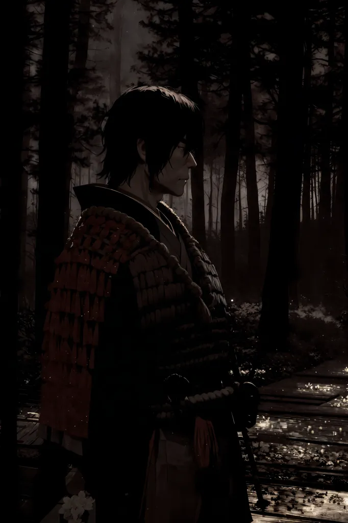 The image is a dark and moody painting of a samurai warrior standing in a forest. The samurai is dressed in black and red armor and has a katana sword sheathed at his side. He is looking off to the side, his face obscured by the shadows of his helmet. The forest is dark and dense, and the only light comes from a few small moonbeams shining through the trees. The painting is full of atmosphere and mystery, and it evokes a sense of danger and foreboding.