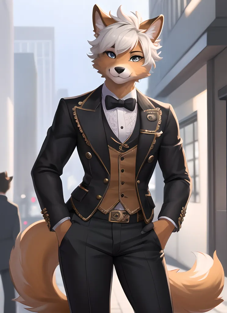 The image is of a handsome, anthropomorphic fox gentleman with white and light brown hair. He is wearing a black tuxedo with a white dress shirt and bow tie, and a golden pocket watch chain. He has a confident expression on his face and is standing with one hand in his pocket and the other holding his tails. His fox ears are perked up and his tail is swishing behind him. The background is a blurred cityscape with buildings and people walking by.