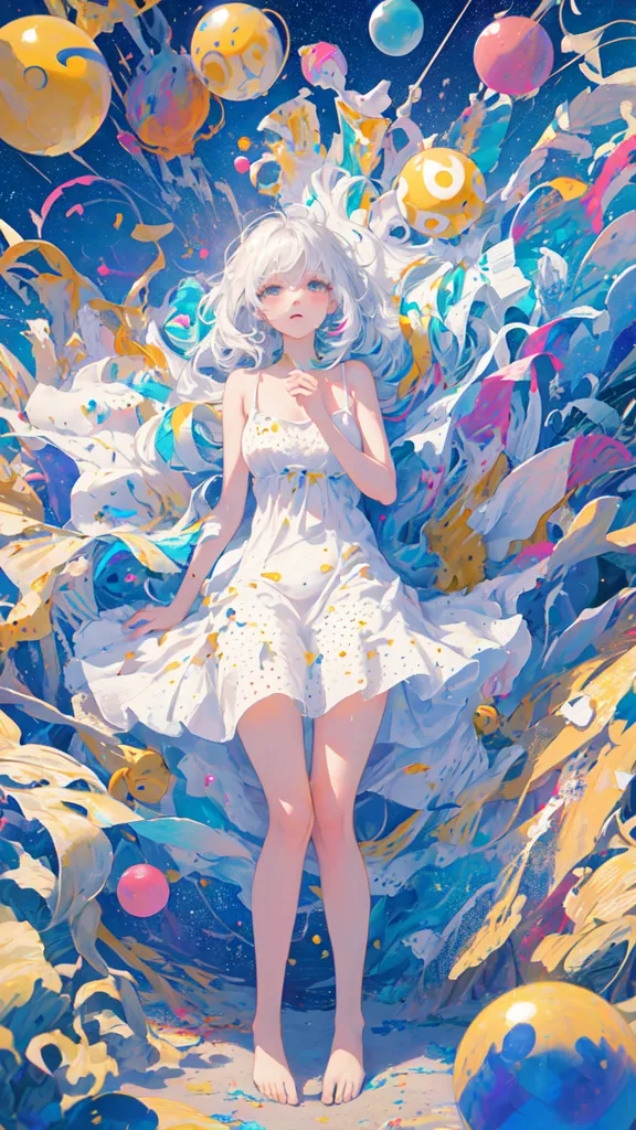 Esta imagem é uma ilustração de uma jovem mulher em pé em um campo de flores coloridas. A mulher está vestindo um vestido branco e tem cabelos brancos longos. Ela está rodeada de balões coloridos e confete. O fundo é um céu azul brilhante. A imagem tem uma qualidade suave e sonhadora.