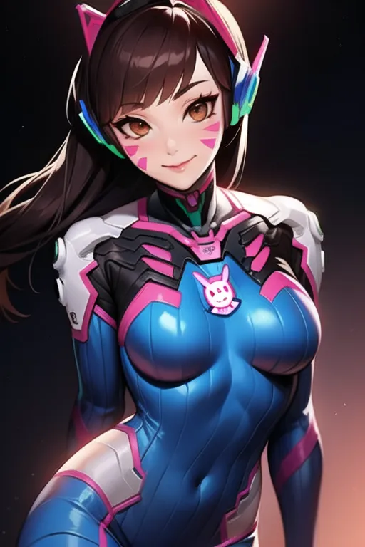 The image is of a young woman with brown hair and brown eyes. She is wearing a blue and pink bodysuit with a white collar. The bodysuit has a zipper in the front and a pink heart-shaped symbol on the chest. She is also wearing a pair of headphones with cat ears. She has a friendly smile on her face and is looking at the viewer.