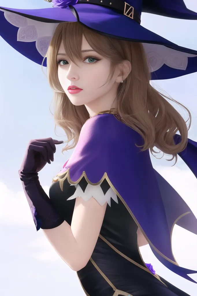 The picture shows a beautiful young woman with long, wavy brown hair. She is wearing a purple witch hat with a wide brim and a black and purple dress with a white collar. She is also wearing black gloves. The woman is standing in front of a white background, and she has a serious expression on her face.