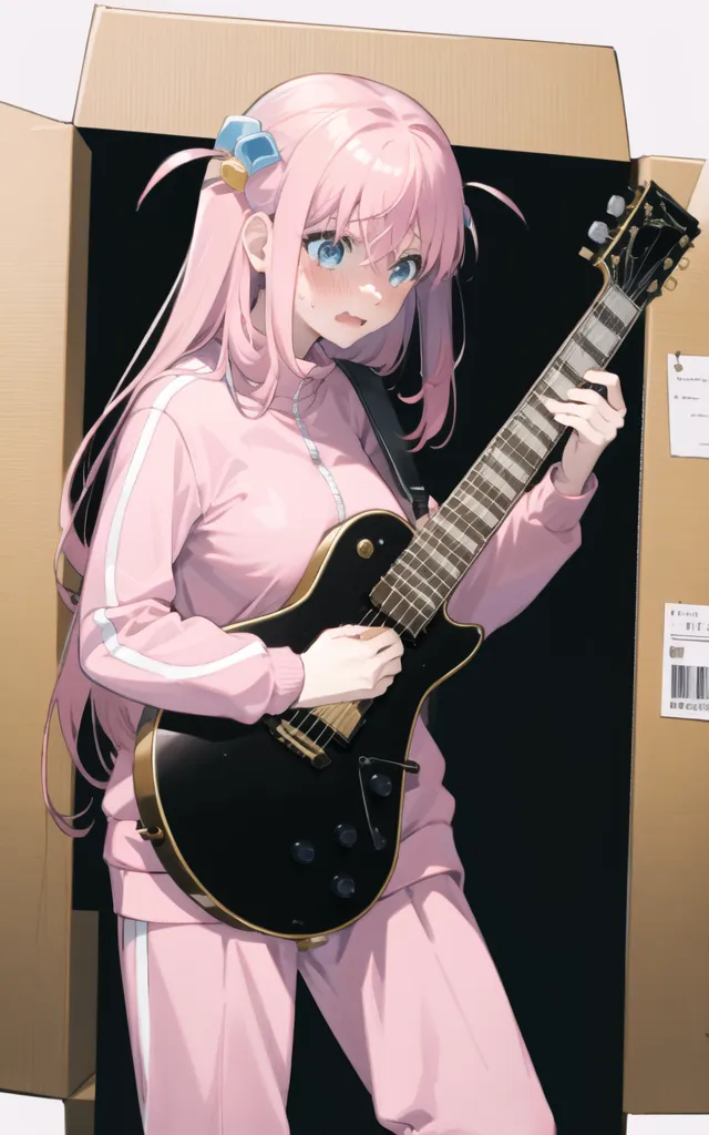 The image depicts a young woman with pink hair and blue eyes. She is standing in a cardboard box, playing a black electric guitar. She is wearing a pink tracksuit with white stripes on the sleeves and legs. The guitar has a white pickguard and a black neck. The woman has a surprised expression on her face, as if she has just been caught doing something she wasn't supposed to.