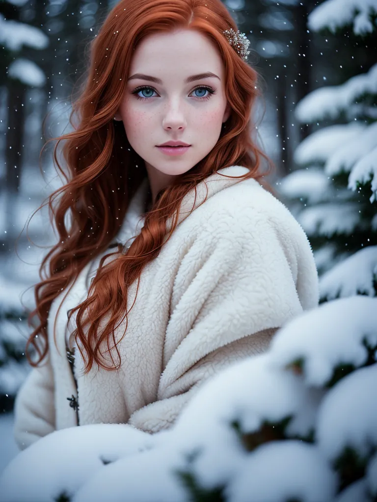The image is a portrait of a beautiful young woman with long, wavy red hair and blue eyes. She is wearing a white fur coat and is standing in a snowy forest. The snow is falling heavily, and the trees are covered in snow. The woman's face is serene, and she seems to be enjoying the snow. The image is very detailed, and the woman's hair, skin, and eyes are all rendered beautifully. The background is also very detailed, and the trees and snow are all rendered realistically. The image is a beautiful example of digital art, and it is clear that the artist has put a lot of time and effort into creating it.