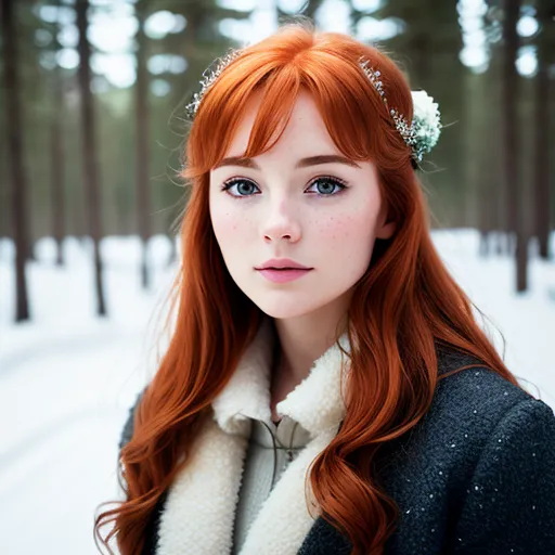 A imagem mostra uma jovem mulher com cabelos longos e ondulados, de cor vermelha, e olhos azuis. Ela está usando um casaco cinza com um colarinho de pele branca e uma coroa de flores brancas em seu cabelo. A mulher está em pé em uma floresta coberta de neve, e ela tem uma expressão serena em seu rosto. A imagem é muito detalhada, e o cabelo, a pele e os olhos da mulher são todos representados de forma realista. O fundo da imagem está desfocado, e parece que a mulher está em uma clareira na floresta. A imagem é muito bonita e captura a beleza do mundo natural.