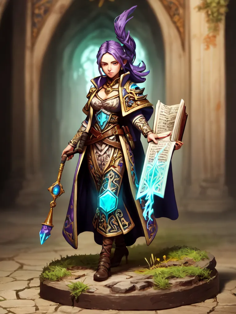 The image shows a female human mage wearing purple and gold robes. She is standing in a dark room, with a large book in her left hand and a staff in her right hand. The staff is topped with a blue crystal, and the book is glowing blue. The mage has long purple hair and blue eyes, and she is wearing a circlet on her head. She is also wearing a necklace and earrings, and there is a large gem on her forehead. The mage is standing on a small patch of grass, and there is a stone floor behind her.