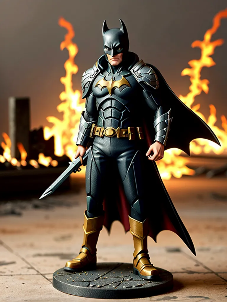 The image shows Batman, a superhero from DC Comics. He is wearing a black and gray suit of armor with a yellow bat symbol on his chest. He is also wearing a black cape and a mask that covers his eyes. He is standing in a dark, fiery environment. There are flames and ruins in the background.