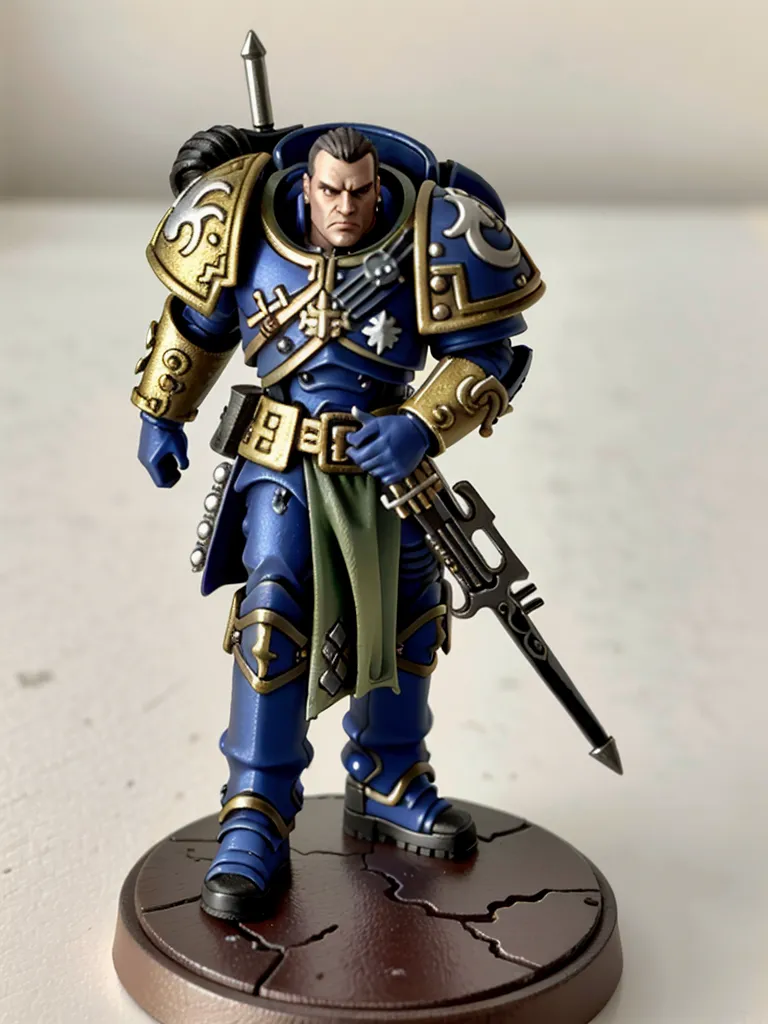 The image shows a miniature of a Space Marine from the Warhammer 40k universe. He is wearing blue and gold armor and has a gun in his hand. The miniature is painted in great detail and is standing on a scenic base.