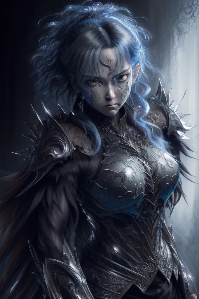 Esta é uma imagem de uma mulher com cabelo azul e olhos amarelos. Ela está usando uma couraça de metal de cor escura e tem uma expressão severa no rosto. O fundo é escuro com uma única fonte de luz no lado direito da imagem.