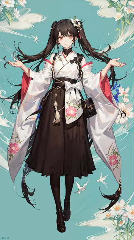 The image shows a girl wearing a kimono with a floral pattern. The kimono is white and black, with pink and green flowers. The girl has long black hair and brown eyes. She is wearing a black belt with a pink bow. She is also wearing a necklace with a pink pendant. The girl is standing on a blue background with white clouds. There are also some pink and white flowers in the background. The girl is smiling and has her arms outstretched.