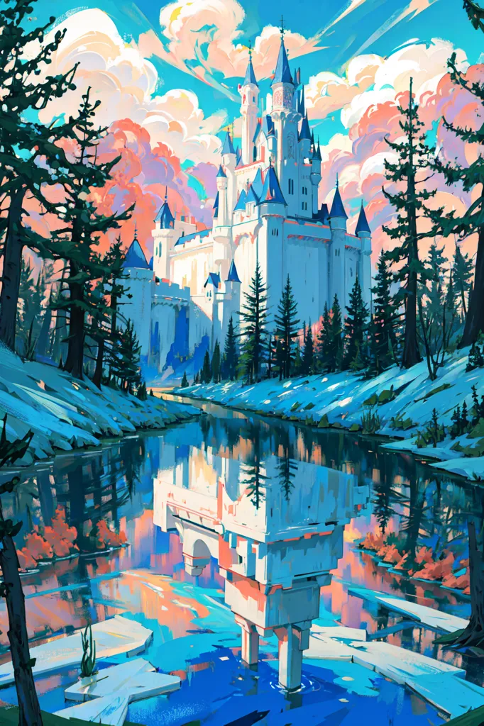 A imagem é uma bela pintura de um castelo de conto de fadas. O castelo é branco com detalhes azuis e roxos. Ele está cercado por montanhas cobertas de neve e um rio corre pelo meio do vale. O céu é um gradiente de rosa, azul e roxo. A imagem é muito pacífica e serena.