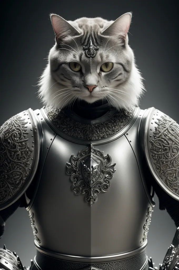 A imagem mostra um gato vestindo uma armadura. O gato está sentado, de frente para o observador. A armadura é feita de metal e possui designs intrincados. O gato está usando um capacete com uma viseira levantada. Os olhos do gato são amarelos e ele está olhando para o observador.