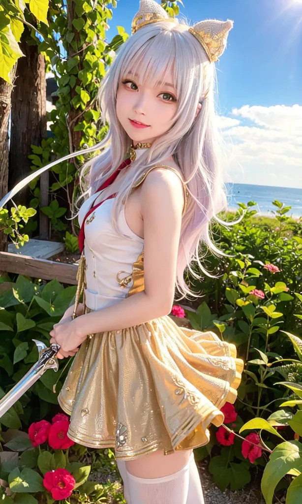 The image shows a young woman with long white hair and cat ears. She is wearing a white and gold dress with a red ribbon around her neck and white boots. She is standing in a garden, surrounded by green plants and red flowers. She is holding a sword in her right hand. The background is a bright blue sky with white clouds.