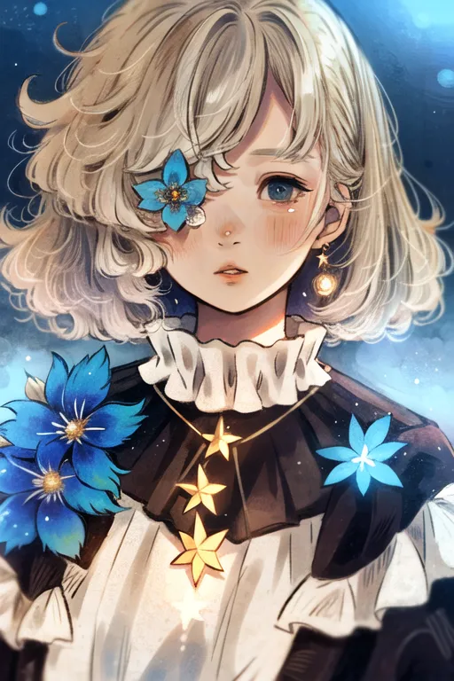 The image is of a beautiful anime girl with short blonde hair and blue eyes. She is wearing a white dress with a black collar and a blue flower in her hair. She has a sad expression on her face and is looking down. There are also blue flowers around her. The background is a dark blue night sky with stars.