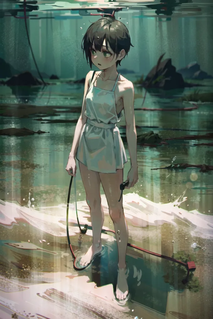 The image is a painting of a girl standing in a shallow body of water. The water is murky and green, and the girl's feet are submerged in it. She is wearing a simple white dress and her hair is short and dark. The girl's expression is one of sadness and resignation. She is standing in a forest, and the trees are reflected in the water. The painting is done in a realistic style, and the artist has used muted colors to create a sense of atmosphere.