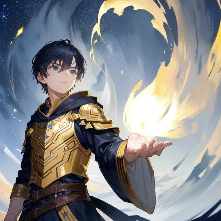 This is an image of a young man with short black hair and blue eyes. He appears to be a warrior or a knight, as he is wearing golden armor and a blue cape. He is standing in a dark, cloudy setting, with one hand outstretched, and a bright light in the palm of his hand. He has a determined expression on his face, as if he is about to engage in battle.