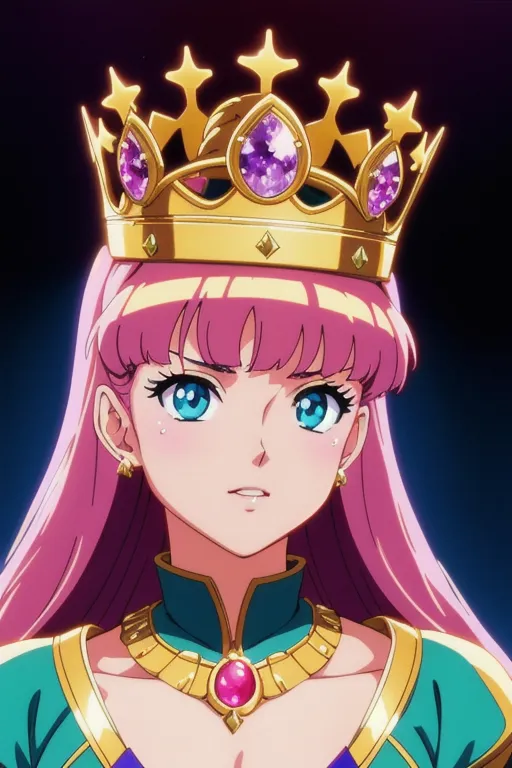 The image shows a young woman with pink hair and blue eyes. She is wearing a golden crown with purple gems and a green dress with a white cape. She has a serious expression on her face.