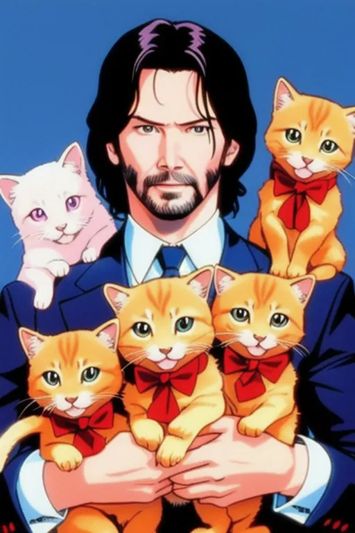 Esta é uma imagem de Keanu Reeves com quatro gatinhos. Ele está usando um terno azul e gravata. Os gatinhos estão todos usando gravatas borboleta vermelhas. O fundo é de uma cor azul clara.