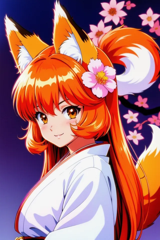 The image is a portrait of a young woman with long orange hair and fox ears. She is wearing a white kimono with a pink obi and has a pink flower in her hair. She has a gentle smile on her face and is looking at the viewer. The background is a dark blue night sky with a few pink cherry blossoms.